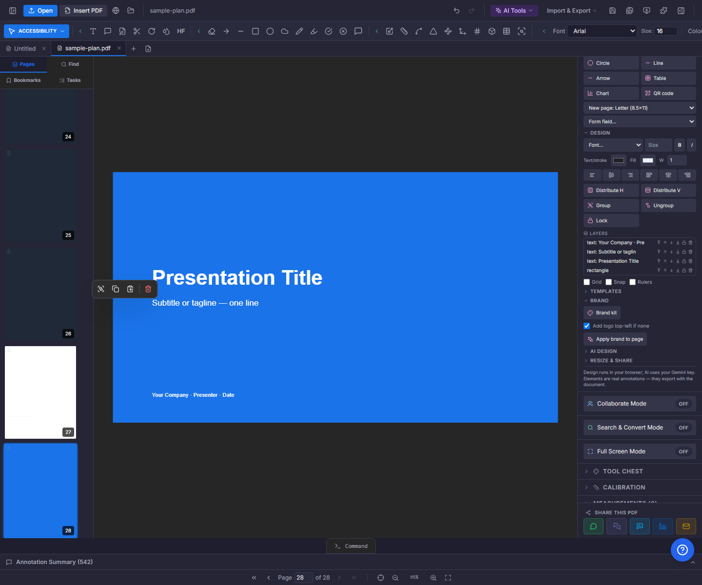 Canvas Mode open in the PDFDepth right panel with a designed presentation page on the canvas and the Create, Design, Layers, Templates, Brand, AI Design, and Resize sections visible.