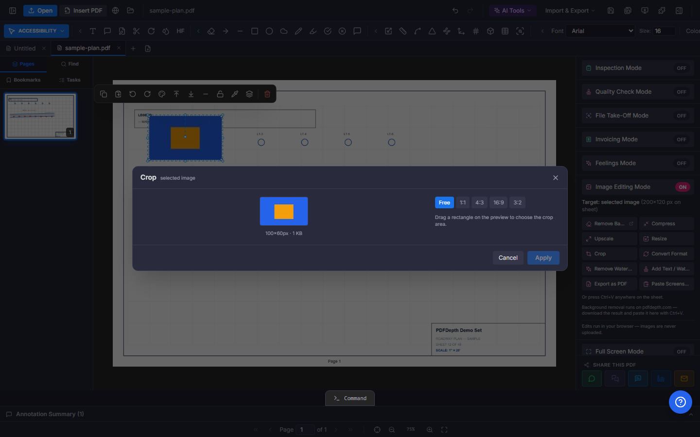 The Crop dialog in PDFDepth showing the image preview with Free, 1:1, 4:3, 16:9, and 3:2 aspect options.