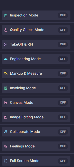 The PDFDepth modes panel listing Inspection, Quality Check, TakeOff & RFI, Engineering, Markup & Measure, Invoicing, Canvas, Image Editing, Collaborate, Feelings, and Full Screen modes